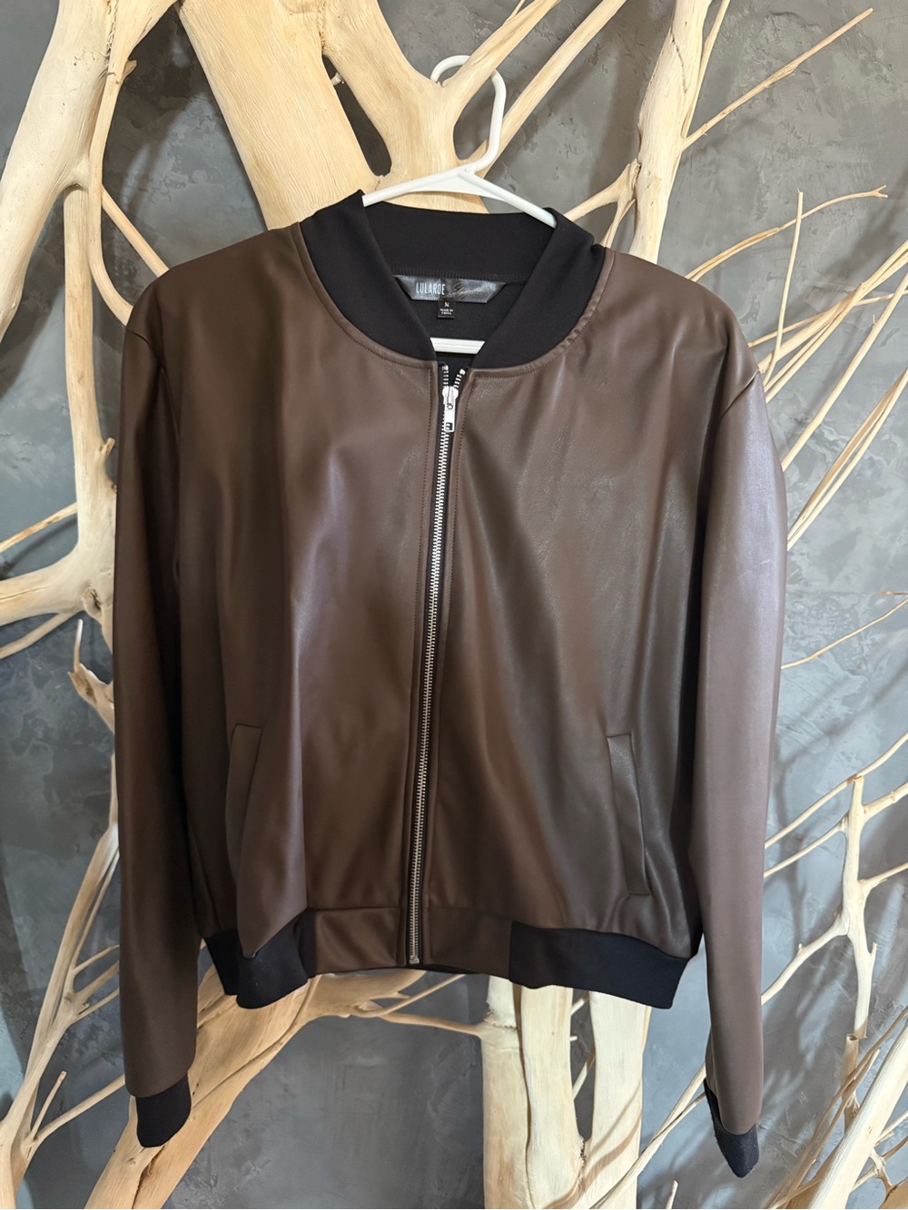 LuLaRoe Brown Leather Bomber Jacket with Black Trim